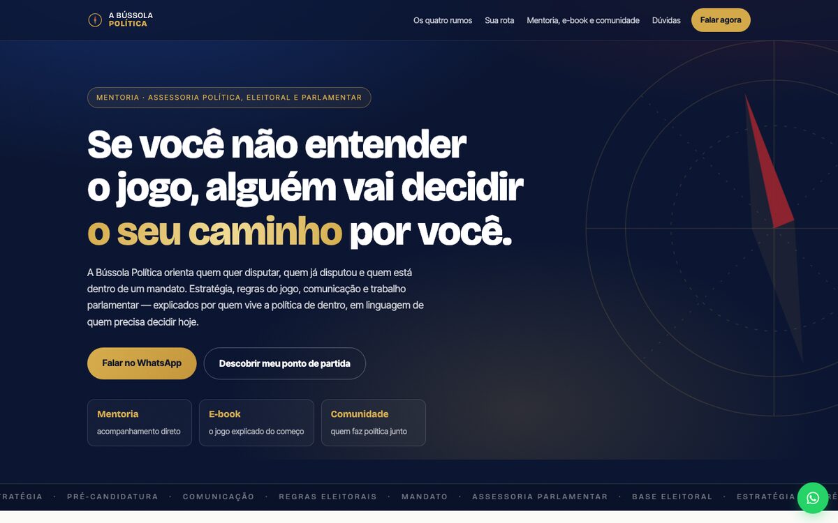 Página inicial do site da Bússola Política, de mentoria e assessoria política.