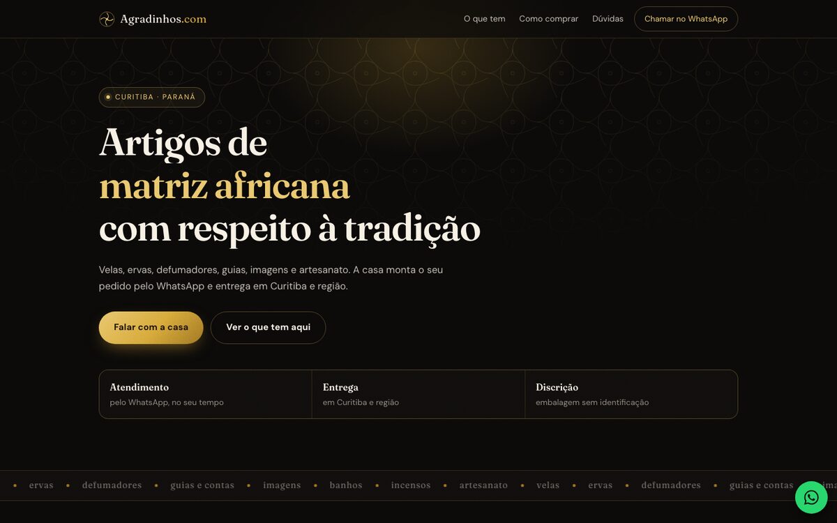 Página inicial do site da Agradinhos.com, loja de artigos de matriz africana em Curitiba.