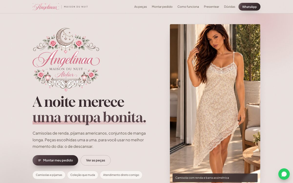 Página inicial do site da Angelinaa Maison du Nuit, de pijamas e camisolas.