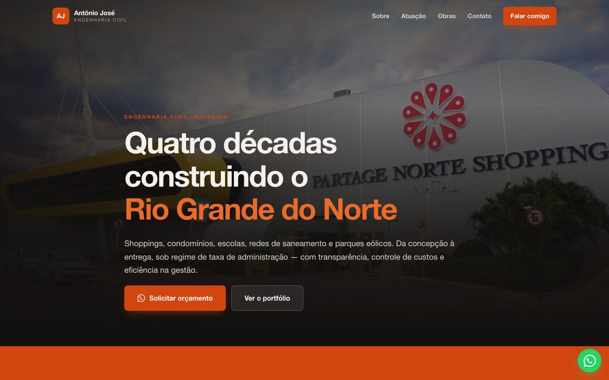Página inicial do site do engenheiro civil Antônio José, com foto do Partage Norte Shopping e o título “Quatro décadas construindo o Rio Grande do Norte”.