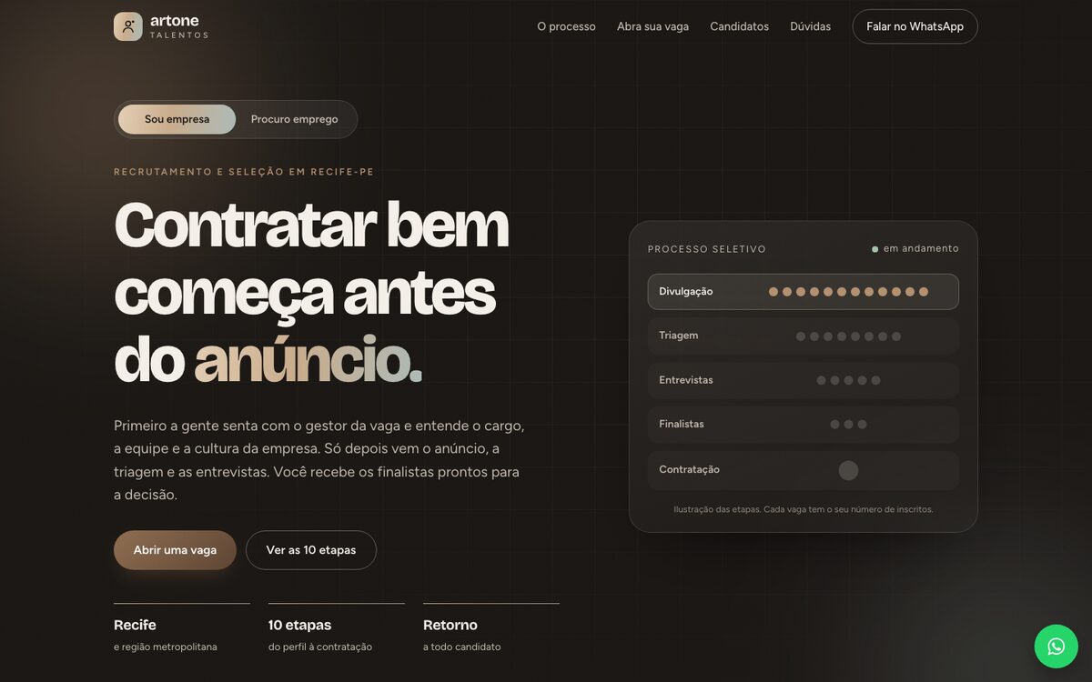 Página inicial do site Artone Talentos, recrutamento e seleção em Recife.