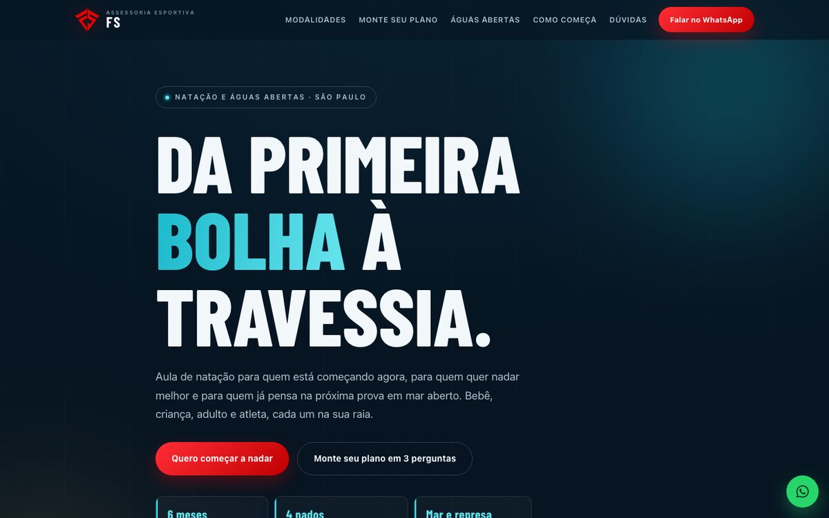 Página inicial do site da Assessoria Esportiva FS, de natação e águas abertas.
