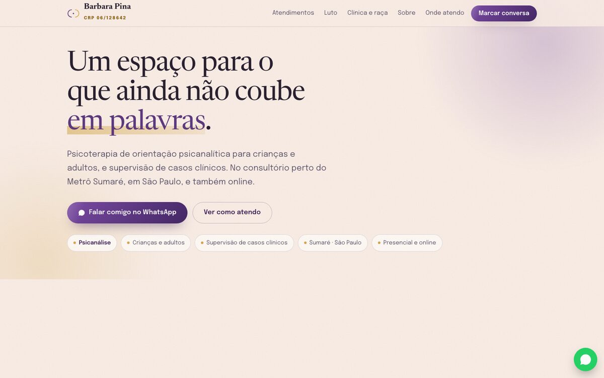 Página inicial do site da psicóloga Barbara Pina, com o título Um espaço para o que ainda não coube em palavras.