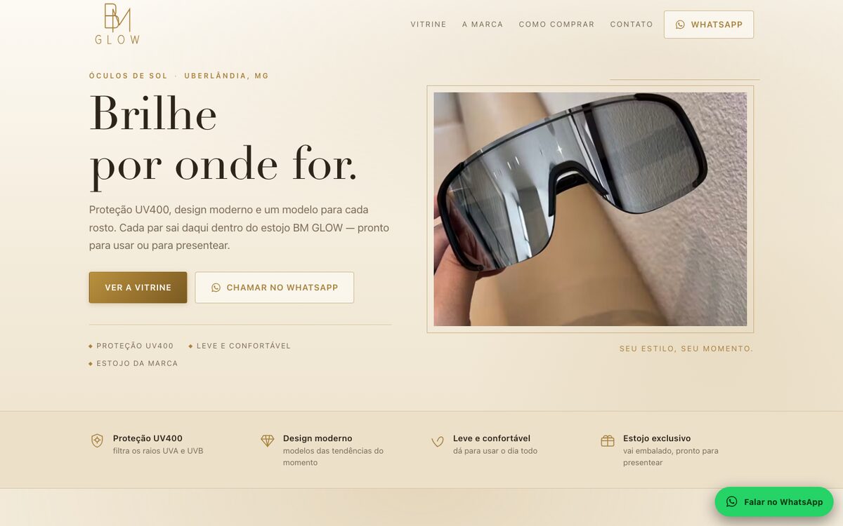 Topo do site da BM GLOW: monograma dourado sobre fundo bege e a frase Brilhe por onde for, ao lado da foto de um &oacute;culos de sol modelo m&aacute;scara.