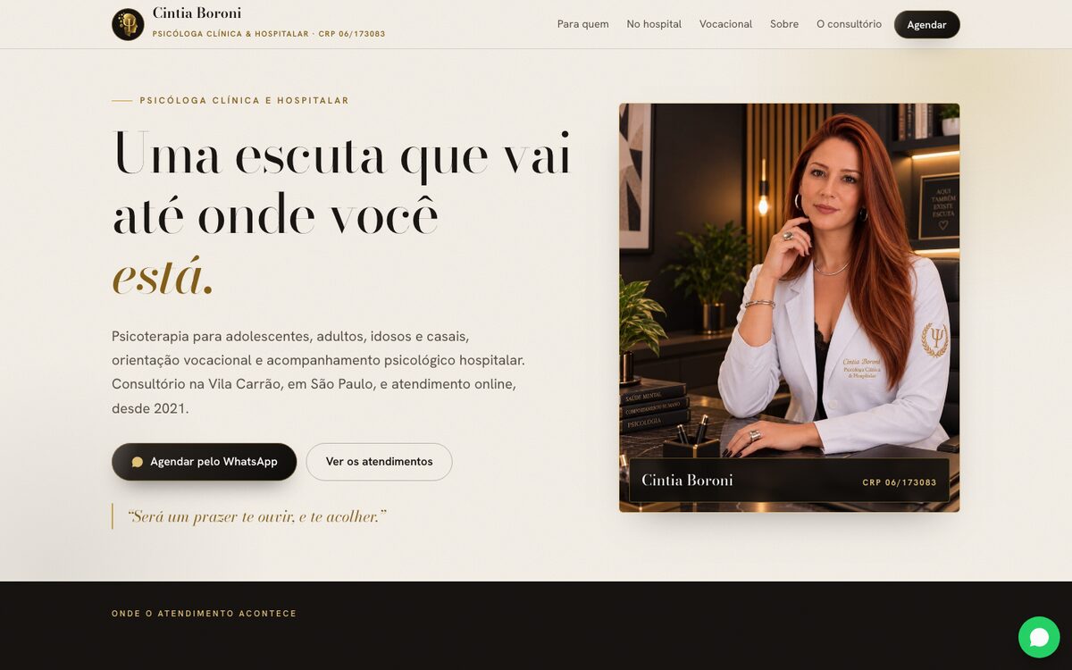 Página inicial do site Boroni Psicologia, psicóloga clínica e hospitalar na Vila Carrão.
