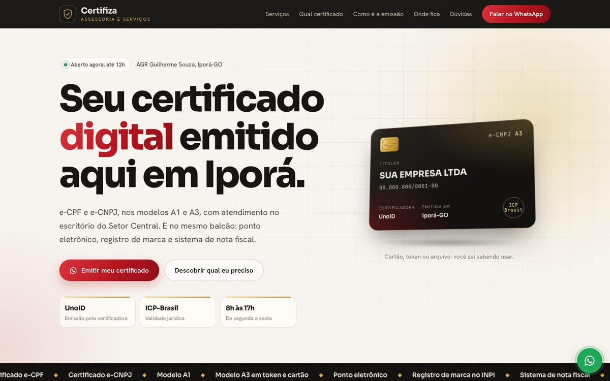 Página inicial do site da Certifiza, certificado digital em Iporá-GO.