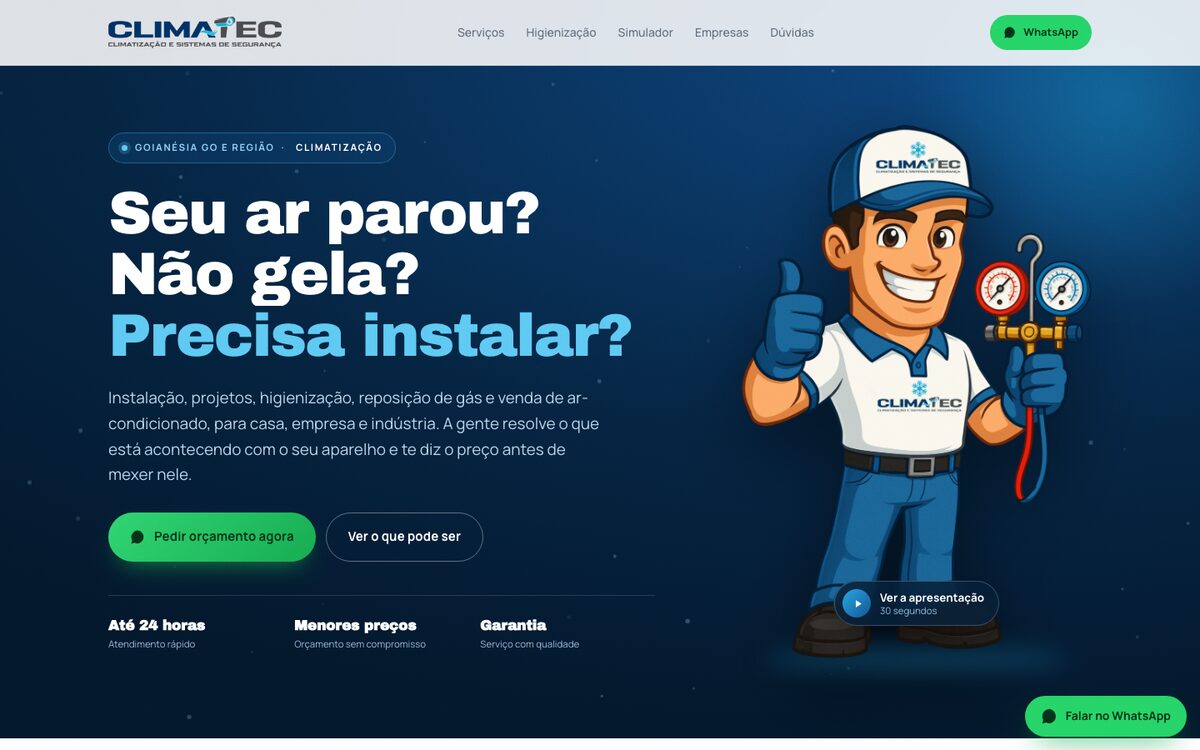Página inicial do site da CLIMATEC, com a pergunta Seu ar parou sobre fundo azul-marinho.