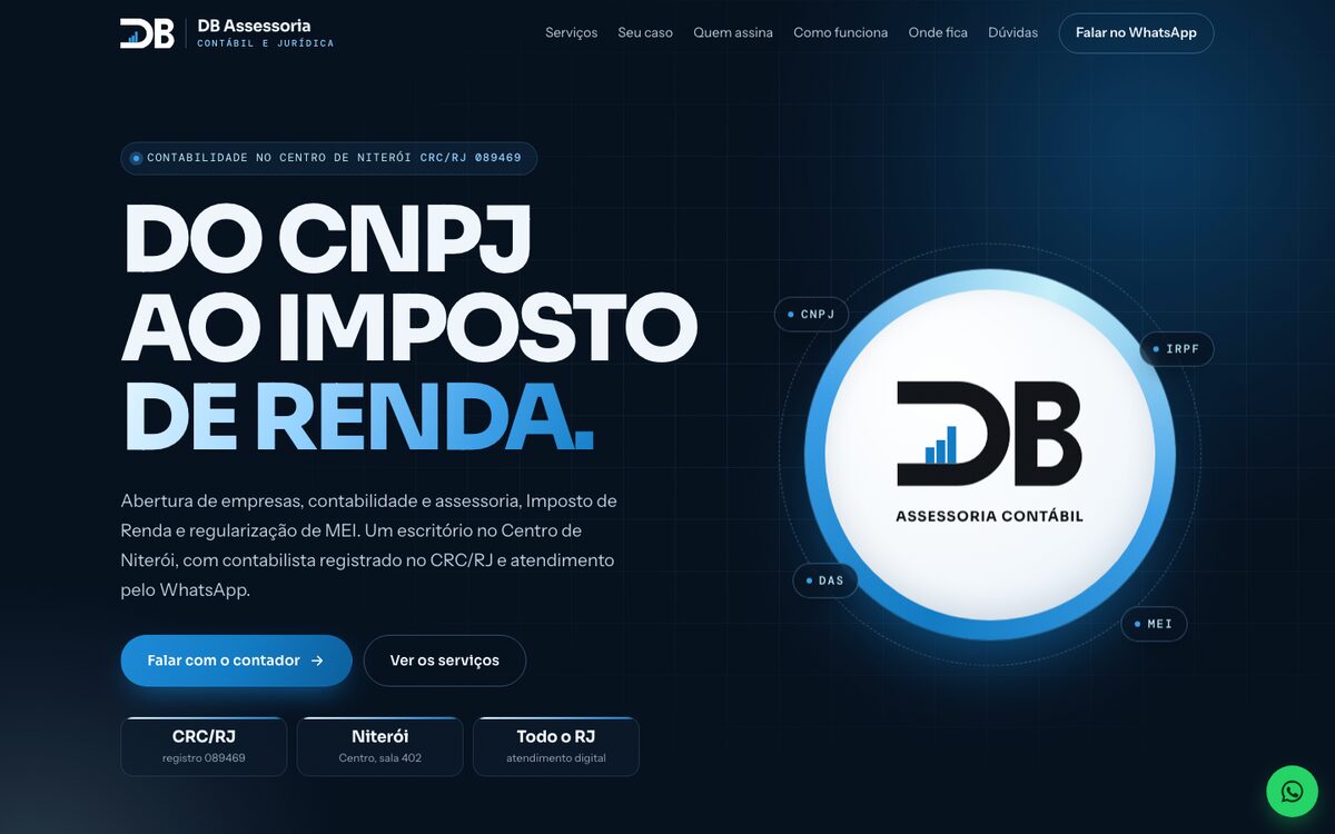 Página inicial do site da DB Assessoria Contábil, escritório de contabilidade em Niterói, com o selo redondo da marca.