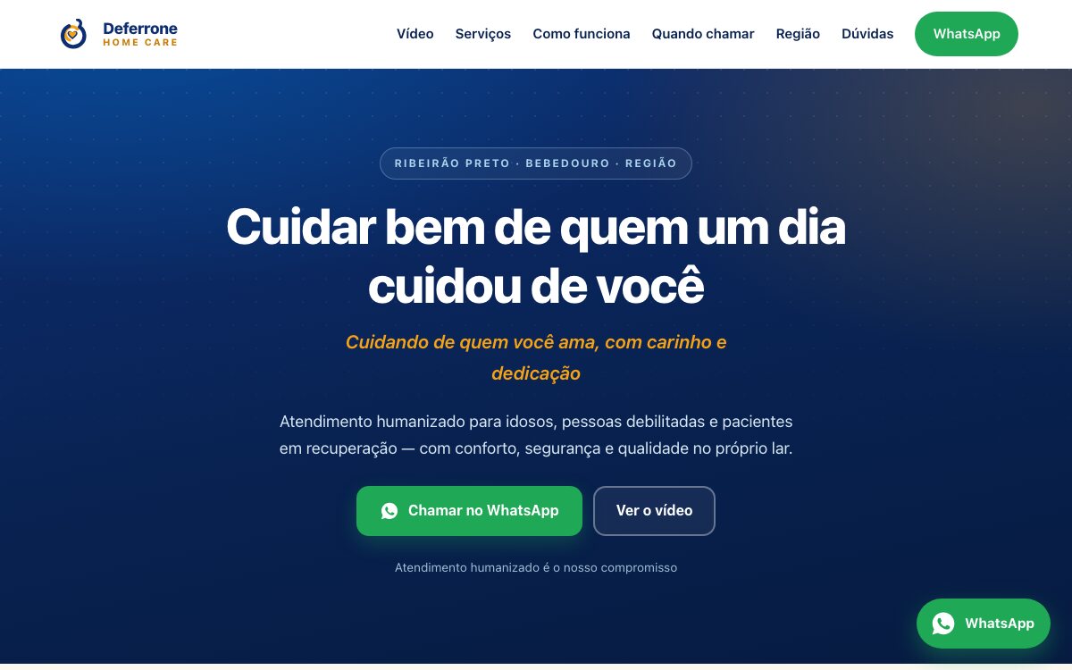 Topo do site da Deferrone Home Care: logo em azul e dourado sobre fundo azul-marinho e o slogan Cuidar bem de quem um dia cuidou de você.