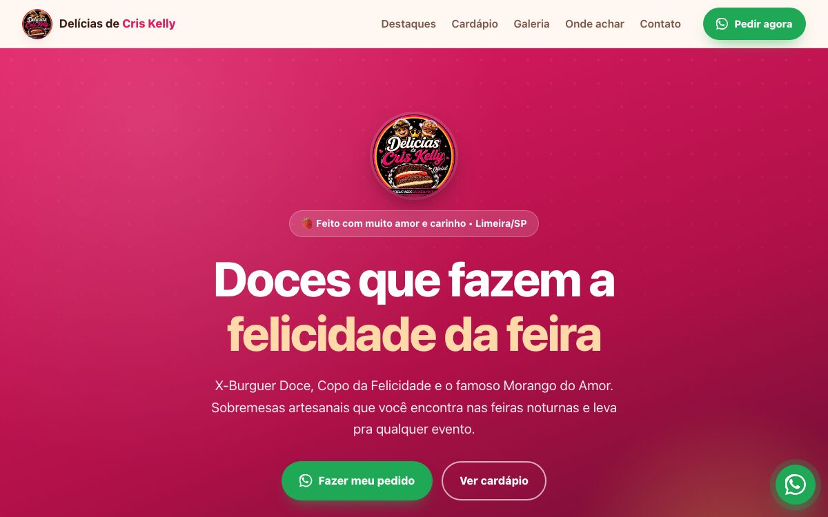 Página inicial das Delícias de Cris Kelly, fundo framboesa e o título “Doces que fazem a felicidade da feira”.