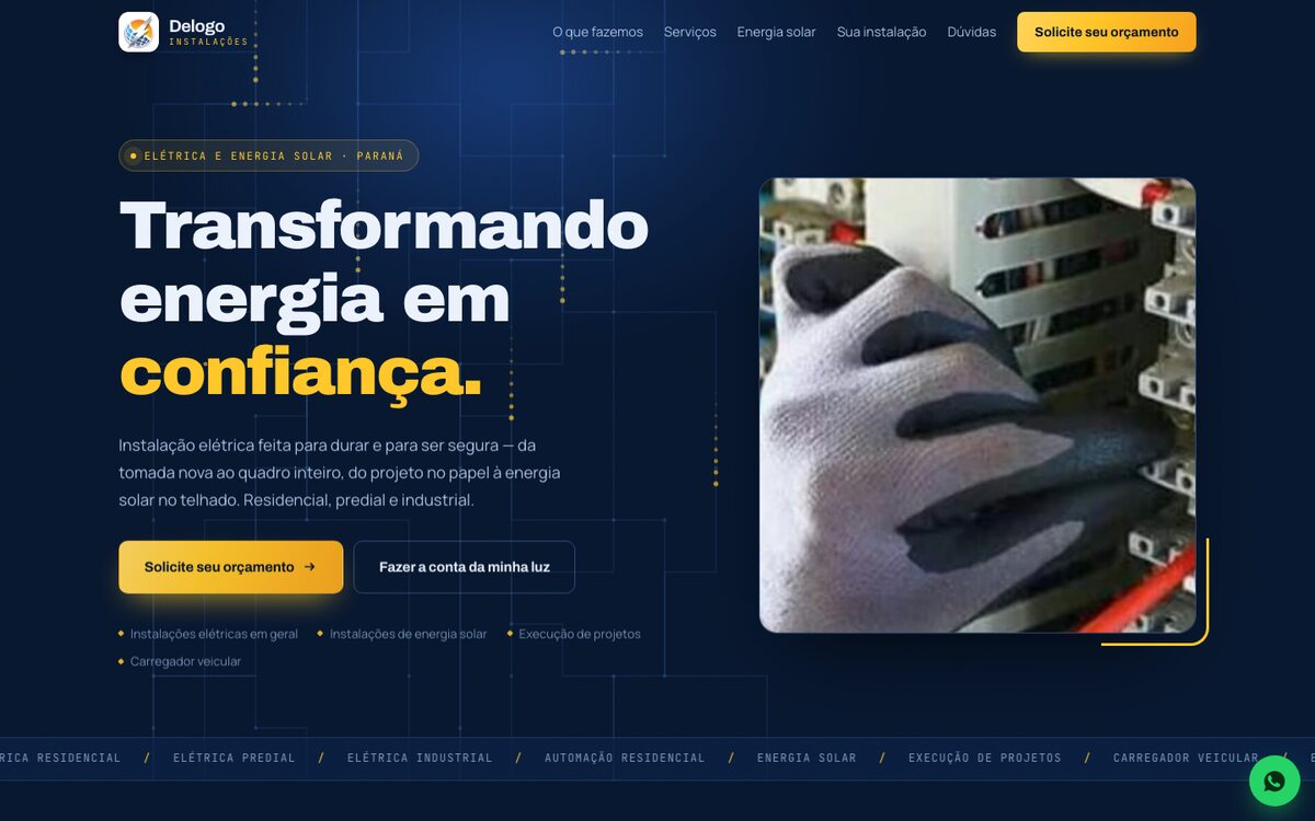 Página inicial do site da Delogo Instalações, elétrica e energia solar no Paraná.