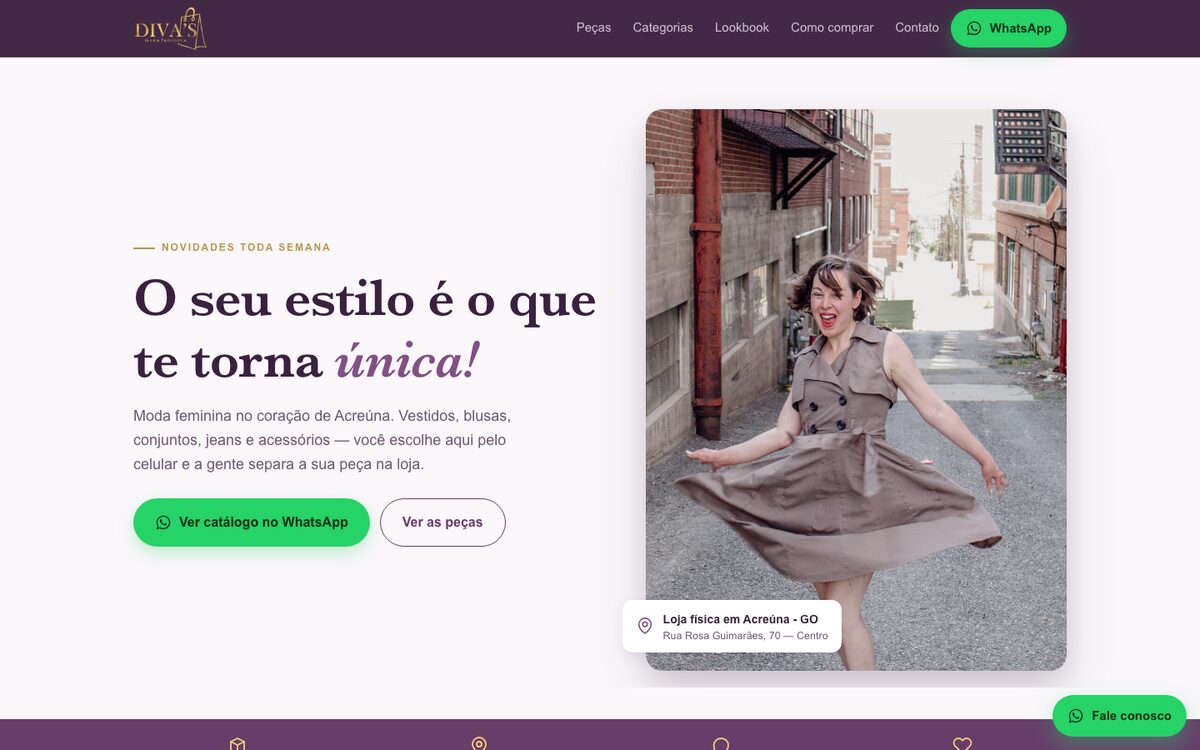 Página inicial da Diva's Moda Feminina, com o logotipo dourado sobre roxo e a frase “O seu estilo é o que te torna única!”.