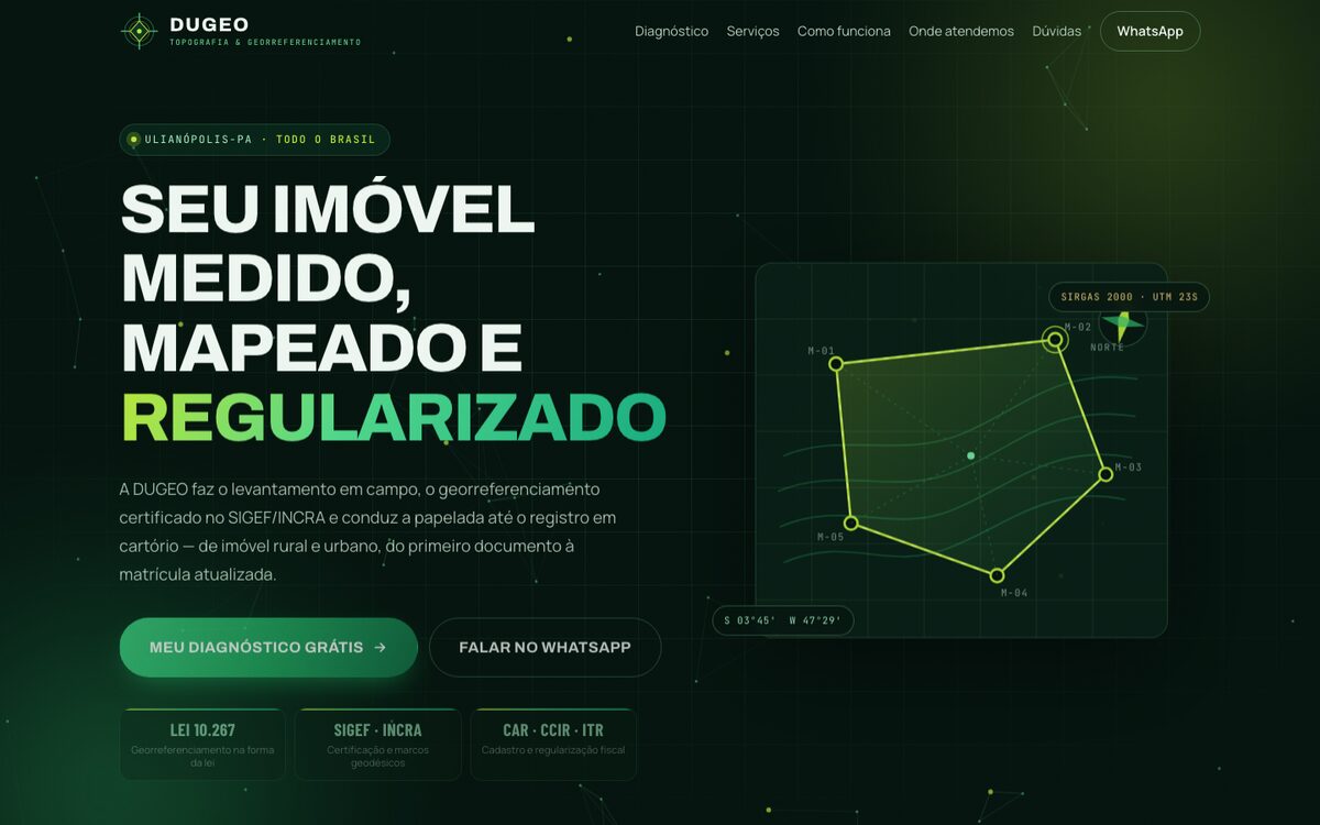 Página inicial do site da DUGEO, de topografia e georreferenciamento.