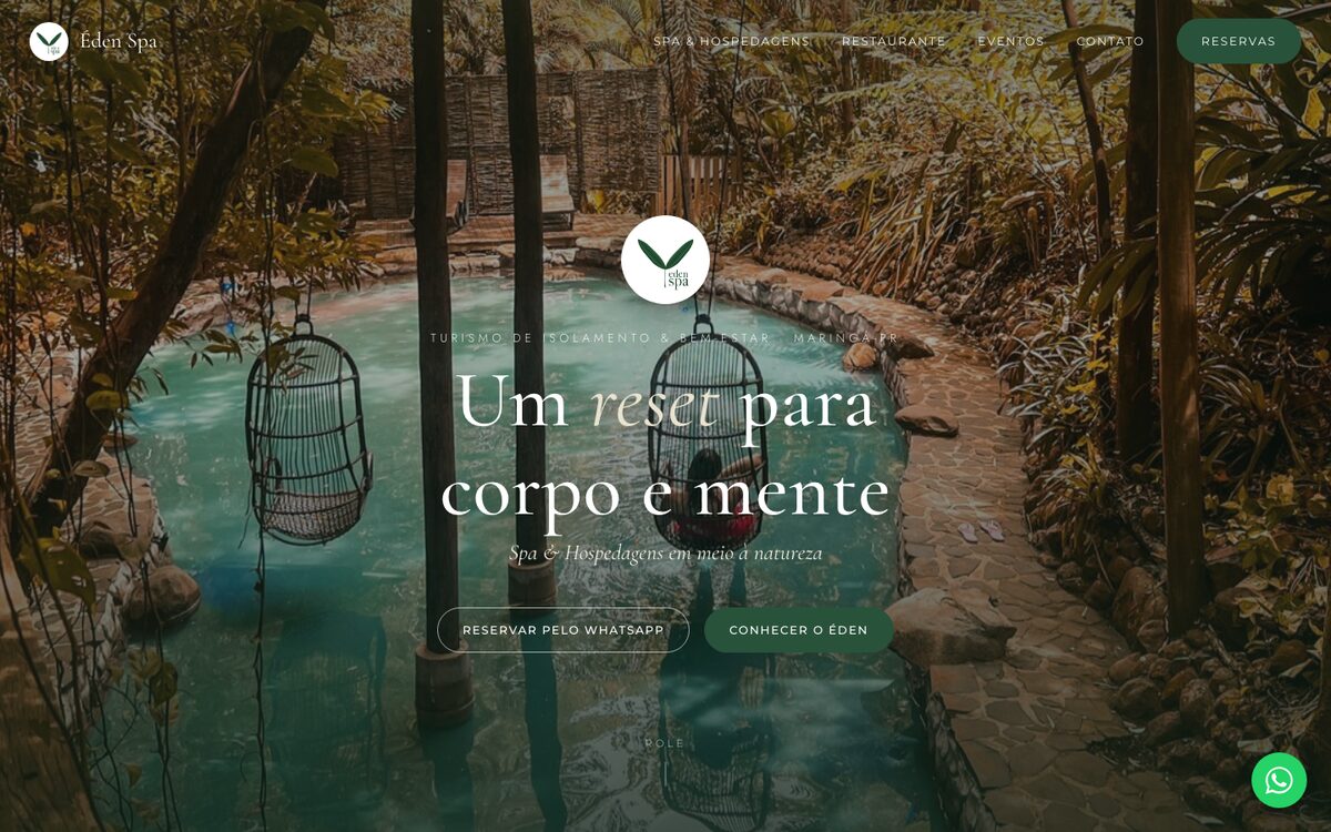 Página inicial do site do Éden Spa, com foto da piscina natural e o título “Um reset para corpo e mente”.