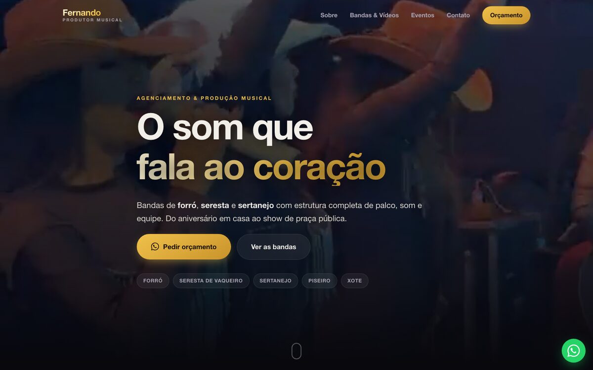 Página inicial do site do produtor musical Fernando, com vídeo de show ao fundo e o slogan “O som que fala ao coração”.