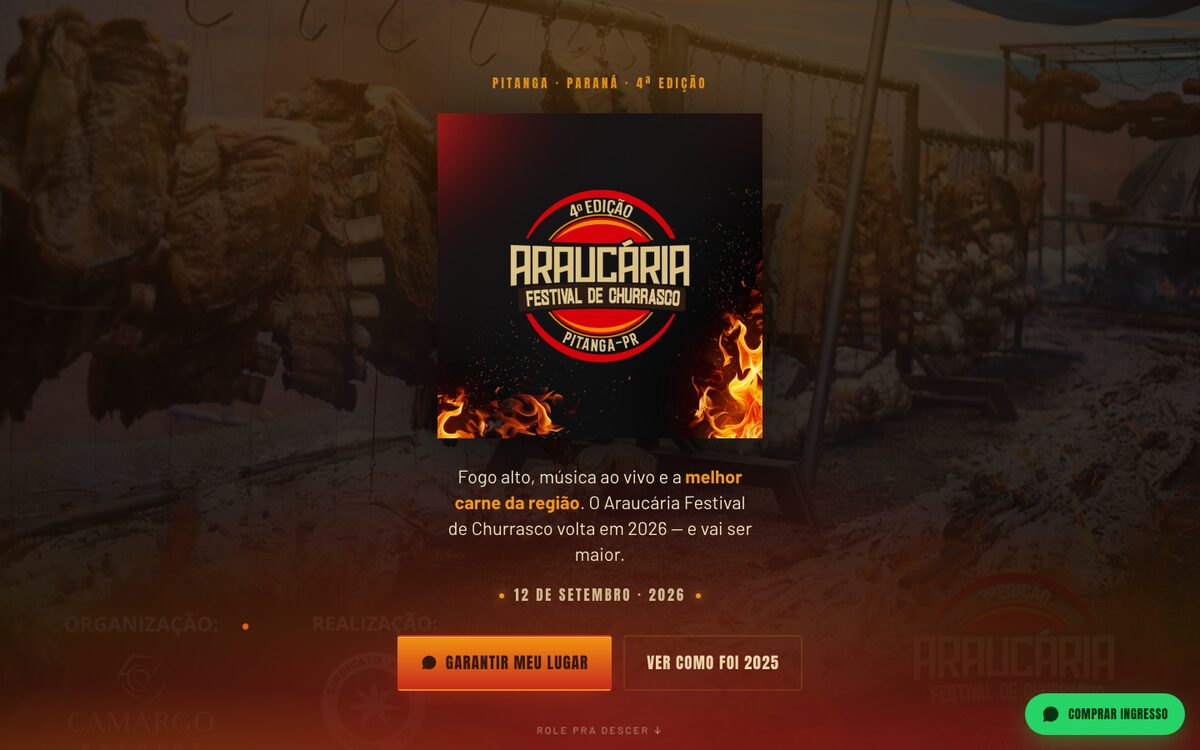 Página inicial do Araucária Festival de Churrasco, com o logo em brasa e o botão “Garantir meu lugar”.