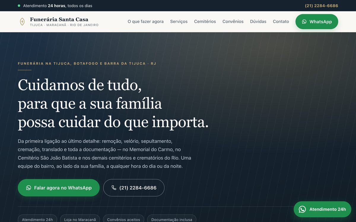 Página inicial da Funerária Santa Casa Tijuca, fundo azul-ardósia escuro e o título “Cuidamos de tudo, para que a sua família possa cuidar do que importa”.