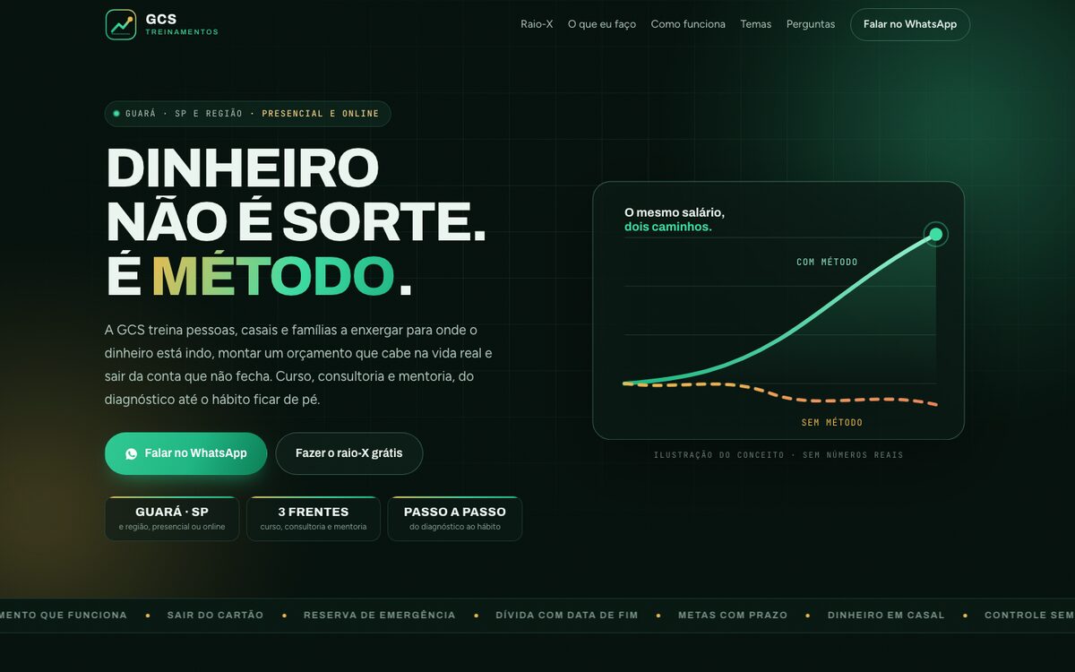 Página inicial do site GCS Treinamentos & Consultorias, com o título Dinheiro não é sorte, é método sobre fundo verde escuro.
