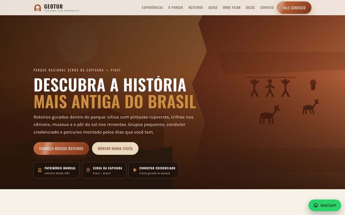 Página inicial do site da GEOTUR, com paredão de arenito e pinturas rupestres da Serra da Capivara.