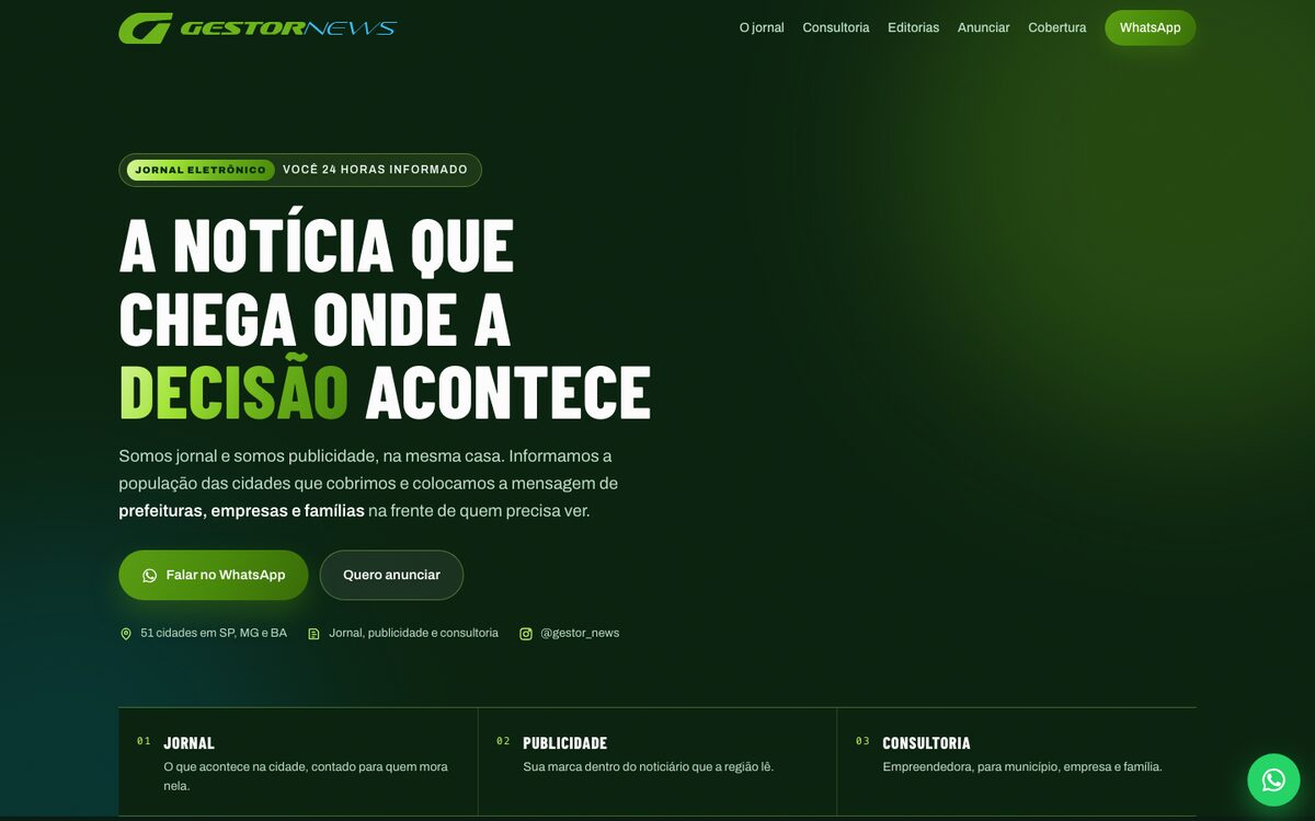 Página inicial do Gestor News, com a logo verde e o título A notícia que chega onde a decisão acontece.
