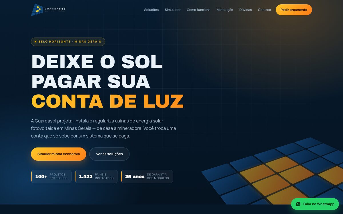 Página inicial do site da Guardasol Energia, com o slogan Deixe o sol pagar sua conta de luz.