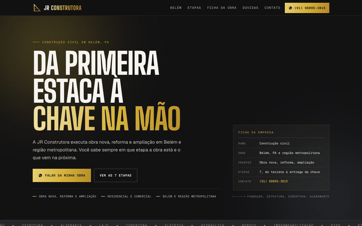 Página inicial do site da JR Construtora, construção civil em Belém.