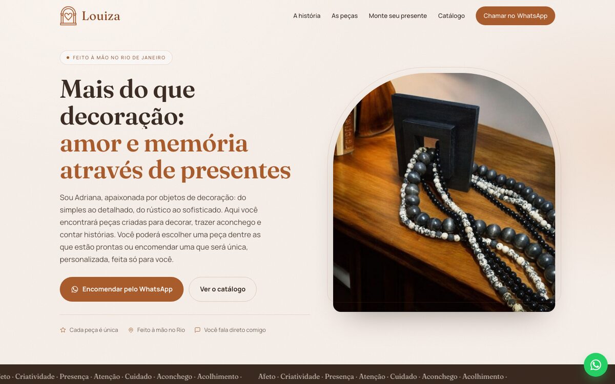 Página inicial do site Louiza Presentes, com o título Mais do que decoração: amor e memória através de presentes.