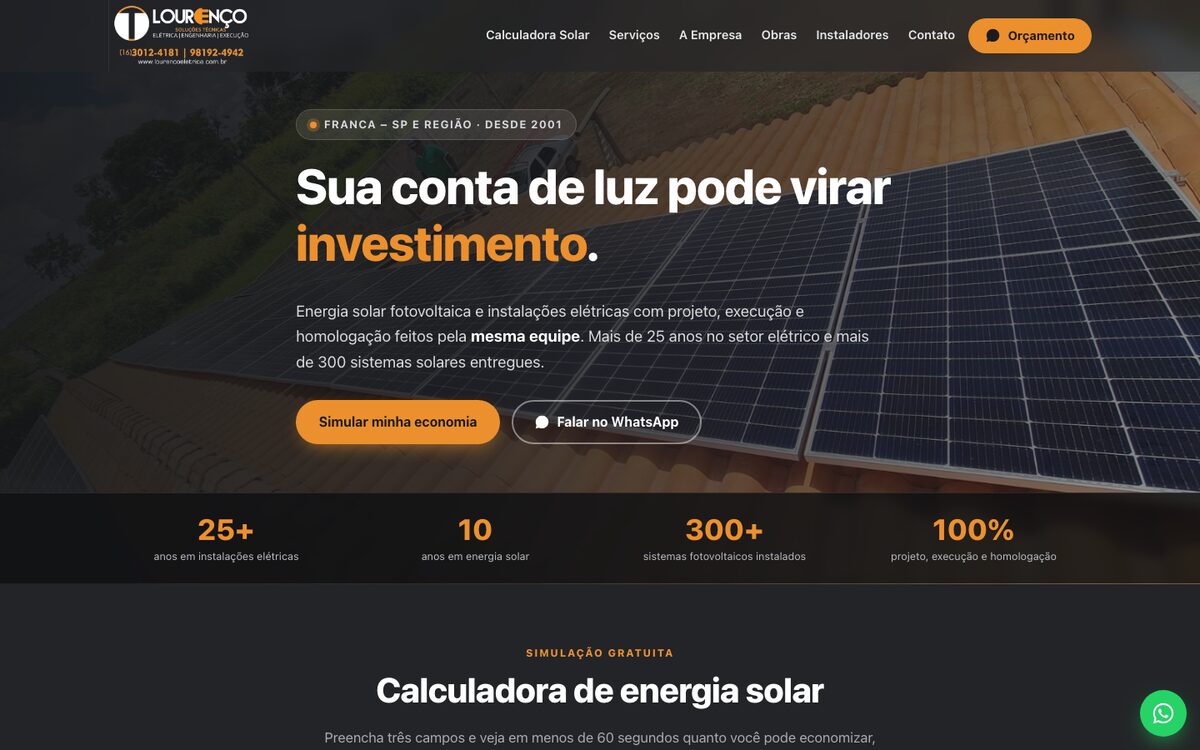 Página inicial da Lourenço Elétrica, com placas solares em um telhado ao fundo e o título “Sua conta de luz pode virar investimento”.