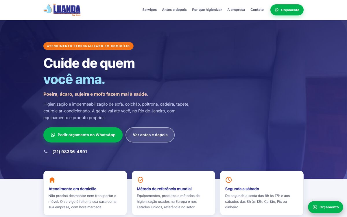 Página inicial da De Luanda Top Clean, com um sofá higienizado ao fundo e o título “Cuide de quem você ama”.