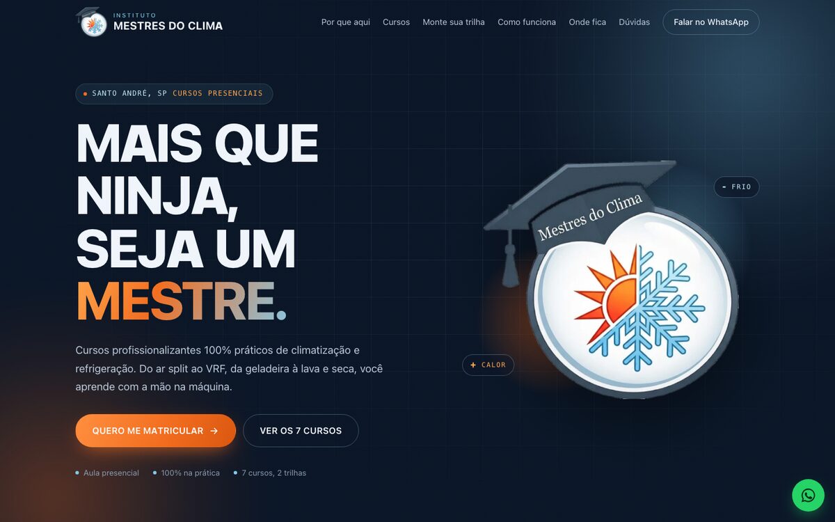 Página inicial do site do Instituto Mestres do Clima, escola de cursos práticos de ar-condicionado e refrigeração.