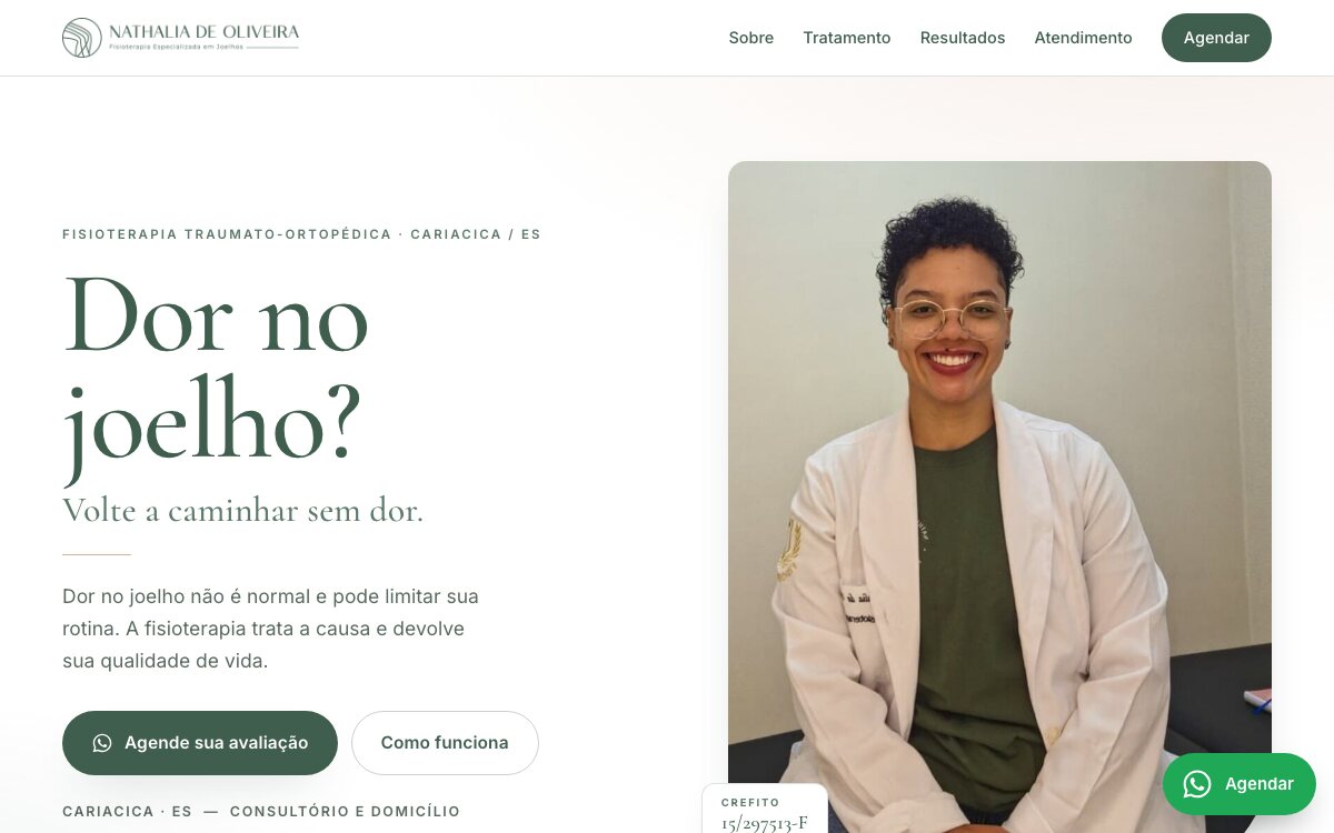 Página inicial de Nathalia de Oliveira, em verde e branco, com o título “Dor no joelho?” e a foto da fisioterapeuta no consultório.