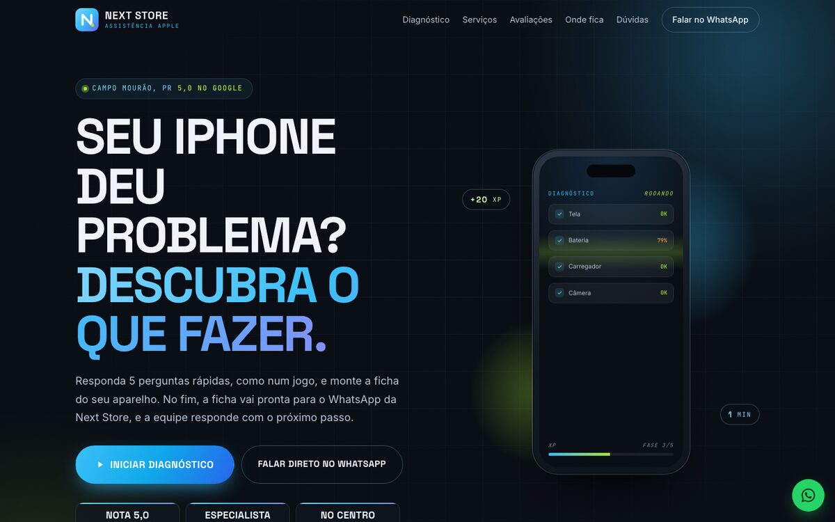 Página inicial do site da Next Store, assistência técnica Apple em Campo Mourão, com o diagnóstico gamificado.