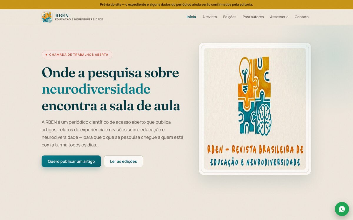 Página inicial da RBEN, revista científica de educação e neurodiversidade.