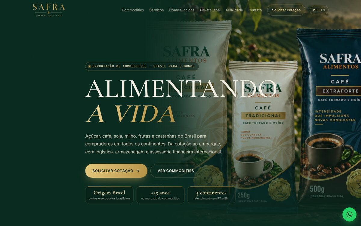 Página inicial do site da Safra Commodities, exportadora de açúcar, café e grãos, com o simulador de cotação.