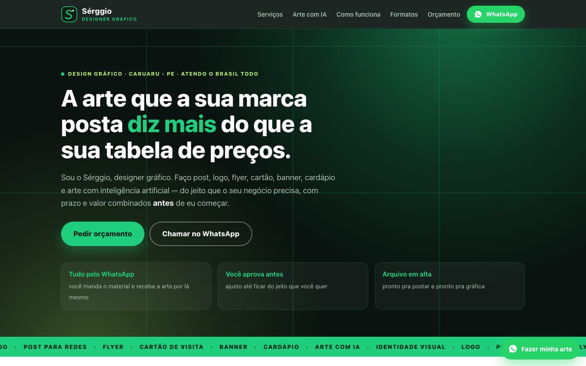 Página inicial do site do designer gráfico Sérggio, de Caruaru.