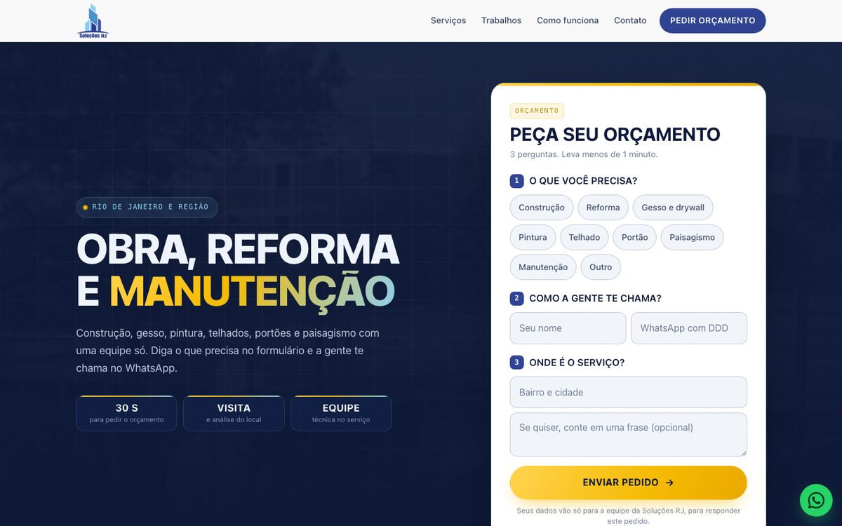 Página inicial do site Soluções RJ, com o formulário de orçamento na primeira tela.