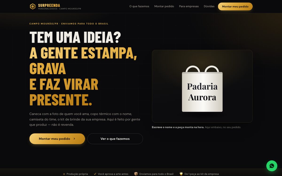 Topo do site da Surpreenda CM: t&iacute;tulo em letras douradas sobre fundo preto e os bot&otilde;es de montar pedido.