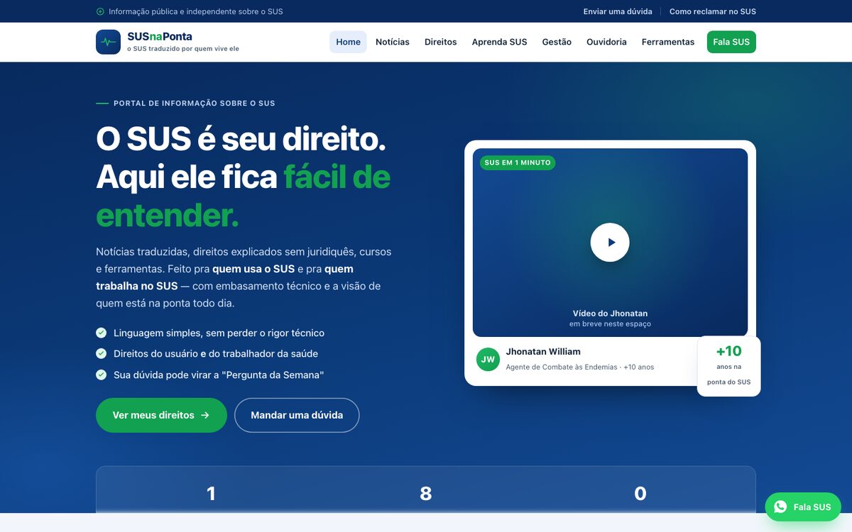 Página inicial do portal SUS na Ponta, fundo azul e o título “O SUS é seu direito. Aqui ele fica fácil de entender”.