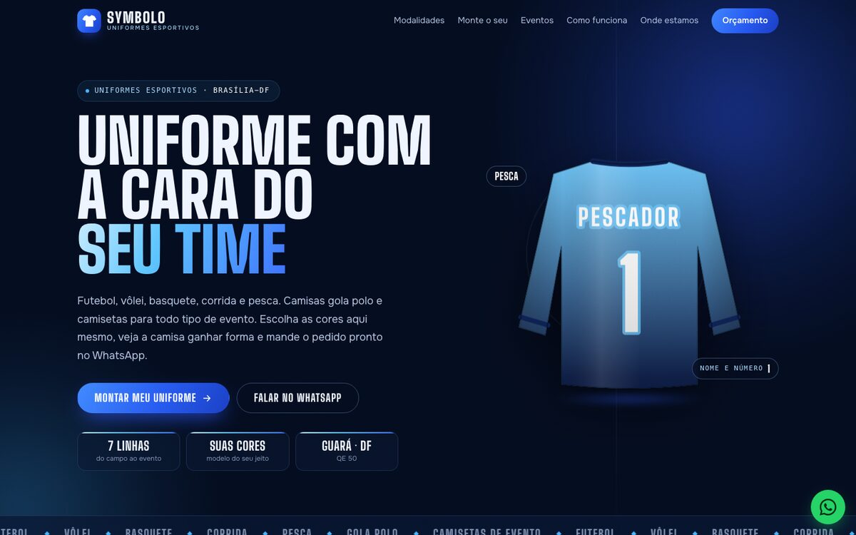 Página inicial do site Symbolo Uniformes, com uma camisa de time em azul e branco.
