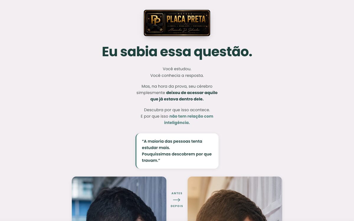 Página de vendas “Eu sabia essa questão”, sobre por que o cérebro trava na hora da prova, com comparação antes e depois.