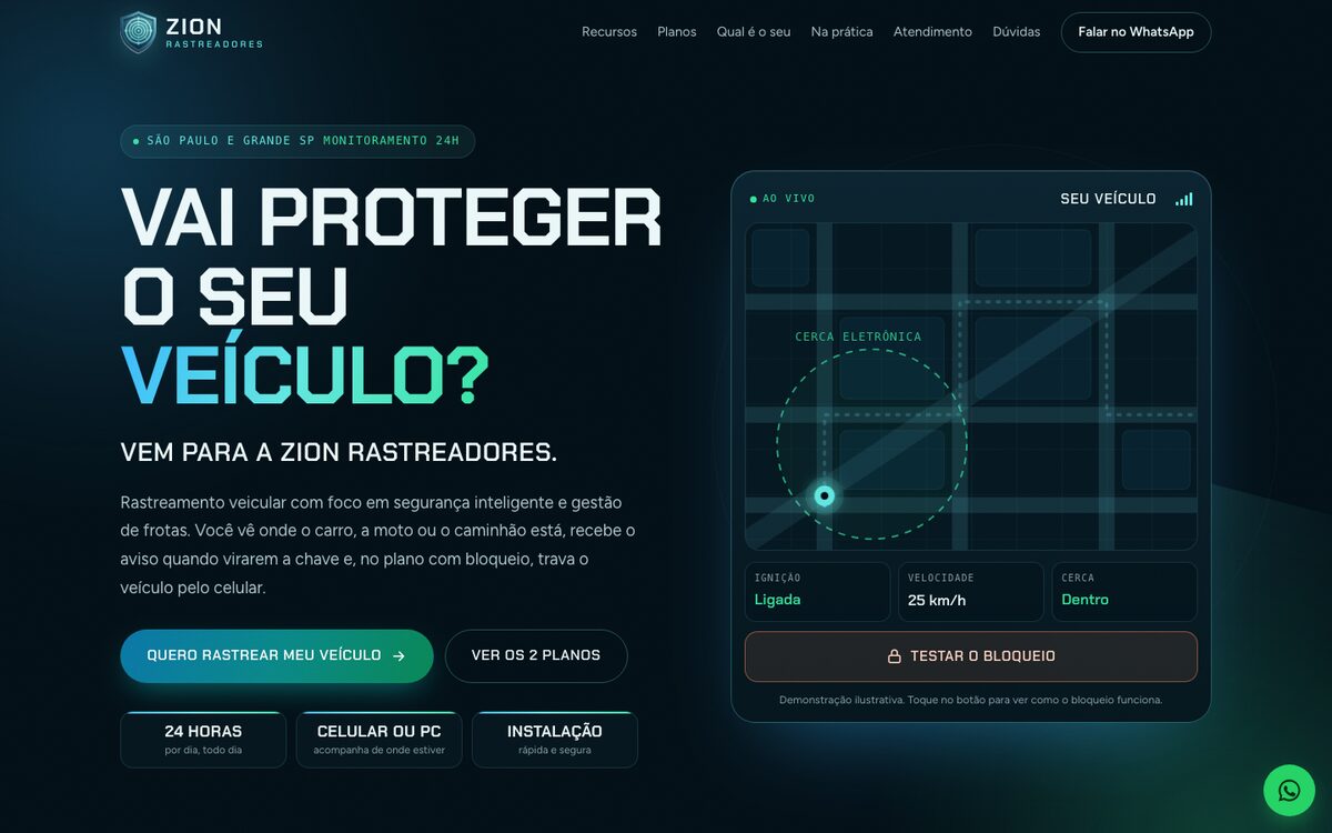 Página inicial do site da Zion Rastreadores, rastreamento veicular em São Paulo.