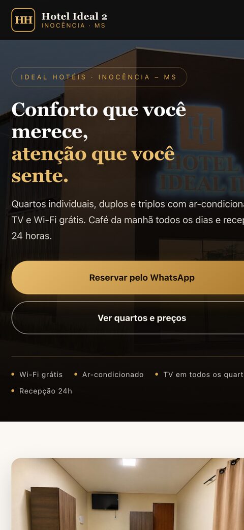 Site do Hotel Ideal 2 aberto no celular.
